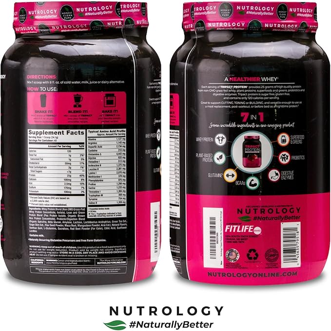 Nutrology TRIPACT Protein Powder - 7-in-1 Meal Replacement Shake with Grass Fed Whey Protein Powder, Pea, Rice, Greens for Muscle Recovery & Immunity, Superberry Flavor, 40 Servings
