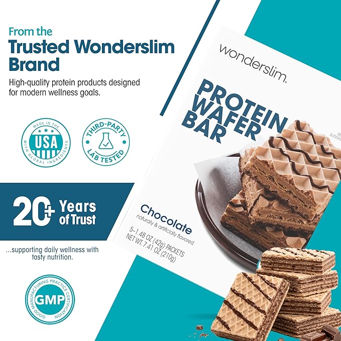 WonderSlim Protein Wafer Snack Bar, Chocolate, 210 Calories, 15g Protein, 0mg Cholesterol (5ct)