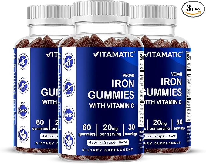 Vitamatic Iron Gummies Supplement for Women & Men - 20mg Serving - 60 Vegan Gummies - Great Tasting Iron Gummy Vitamins with Vitamin C (60 Count (Pack of 3))