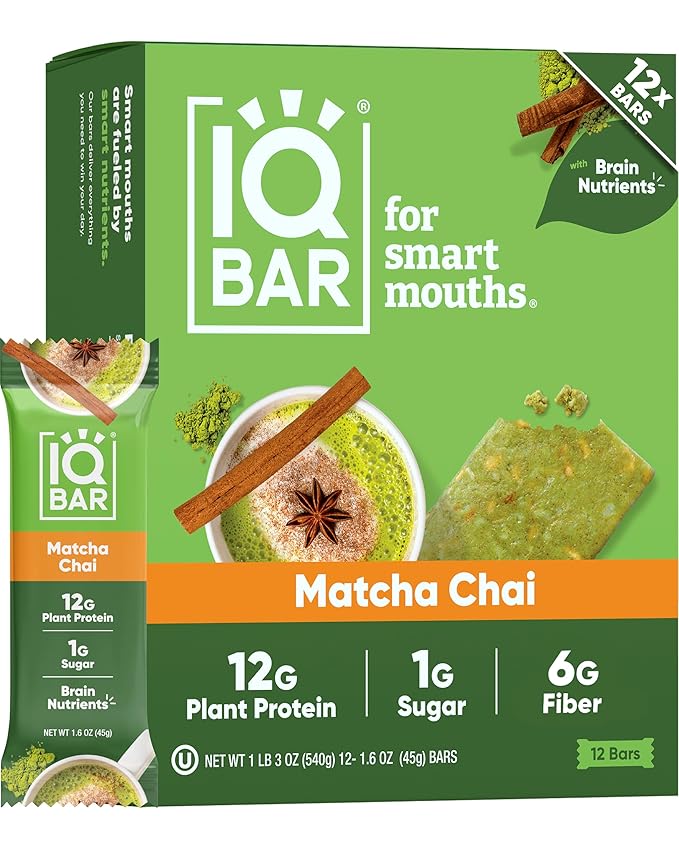 IQBAR Clean Plant Protein Bars - Matcha Chai - 12 Count - Keto, Vegan, High Fiber, Gluten and Dairy Free, Low Sugar Snack - Brain and Body Nutrients for Focus, Energy, Meal Replacement