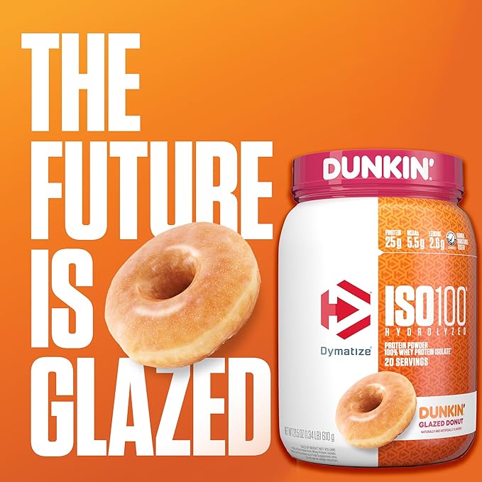 Dymatize x Dunkin' Glazed Donut ISO100 Whey Protein Powder, 25g of Protein, 5.5g BCAAs, 120 Cal., Gluten Free, 1g Fat, 1g Sugar, 2g Carb (20 Servings)
