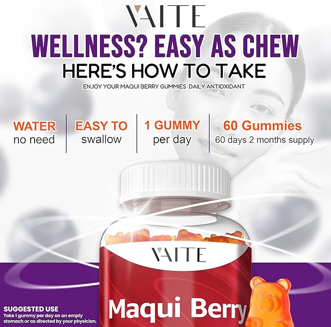 VAITE Maqui Berry Gummies 500mg – Antioxidant-Rich Vegan Supplement, Plant-Based Superfood Chewables for Daily Balance, 60 Easy to Take Servings, Non-GMO, Gluten & Soy Free, for Men & Women