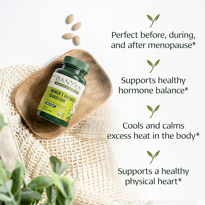 Banyan Botanicals Organic Women’s Natural Transition – Hot Flash & Night Sweats Relief – Cooling Support for Perimenopause & Menopause – with Shatavari & Ashwagandha – 90 Tablets – USDA Organic*