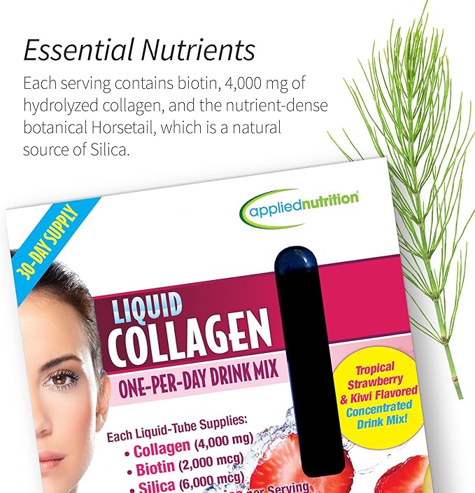 Applied Nutrition Liquid Collagen Skin Revitalization - 10 Liquid Tubes, Pack of 2 - Collagen, Biotin & Silica - Tropical Strawberry & Kiwi Flavor - 20 Servings