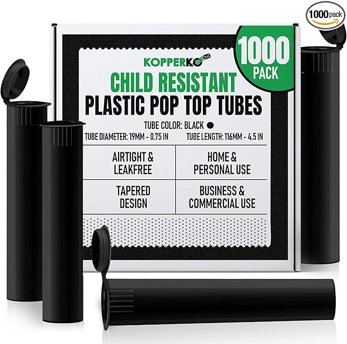 Kopperko Small Pill Containers (116mm/4.57 Inch 1000-Pack) | Child Resistant Tube Storage Container | Small Storage Tube for Spices | Airtight, UV Resistant & Waterproof (Black Plastic)