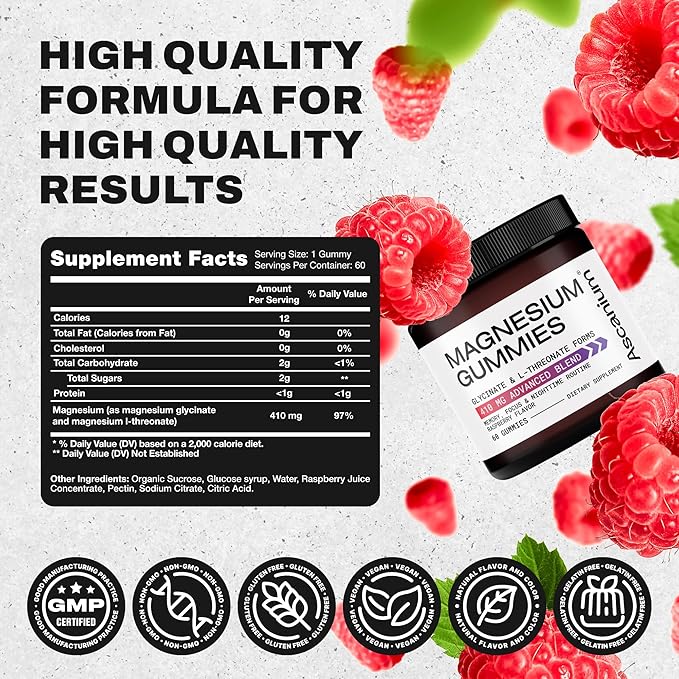 Magnesium Gummies - 410mg of Elemental Magnesium Glycinate & L-Threonate Supplement Complex - Vegan Magnesium Glycinate Gummies for Calm Mood, Muscle & Heart Support - Chewable Magnesium Gummy 60 pcs