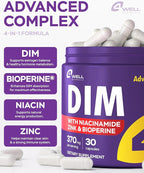 4Well Products Dim Supplement 370mg Complex with Zinc, Niacinamide - Estrogen Blocker for Women & Men, Hormone Balance - Hormonal Acne, Menopause and Antioxidant Support, Diindolylmethane 30 Capsules