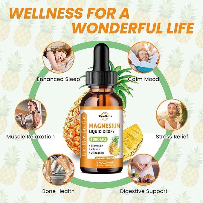 2 Pack Magnesium Glycinate Liquid Drops, 1000mg of Liquid Magnesium Complex Drops for Sleep, Nerve, Energy, Muscle, Bone, Calm & Digestion, High Absorption, 2 Fl Oz, Pineapple Flavor