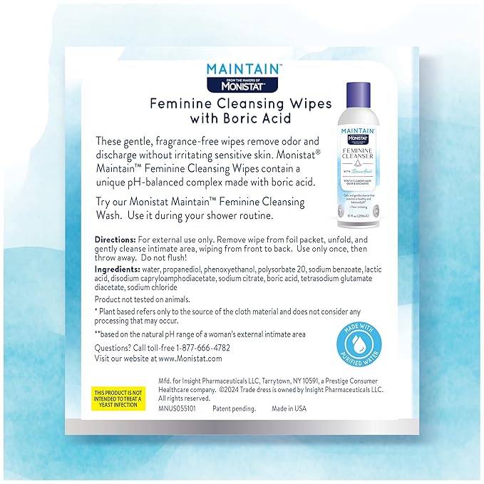 Monistat Maintain Boric Acid Feminine Wipes, Fragrance-Free, Non-Irritating and pH-Balanced Wipes for Women, Individually Wrapped Feminine Care, 12 Count, Pack of 3