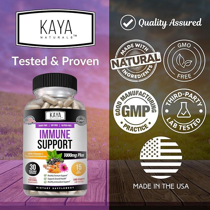 Kaya Naturals Elderberry Immune Support | Vitamins with Zinc and Vitamin C for Adults, Probiotics & Turmeric 1000mg Immune System Booster Sambucus Capsules - 30 Count (Pack of 2)