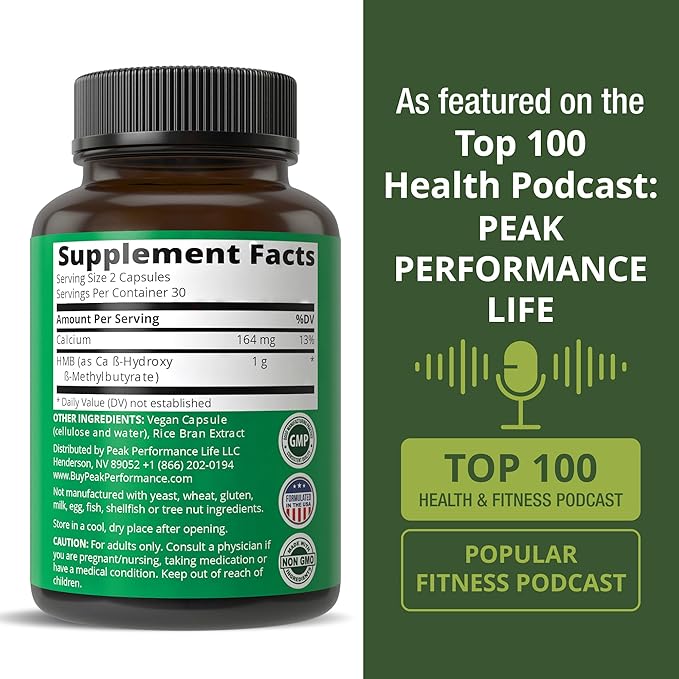 Peak Performance Advanced HMB Supplement for Men & Women - Calcium Beta-Hydroxy Beta-Methylbutyrate Capsules - Supplements for Strength, Recovery, & Lean Muscle - 1000mg of Pure HMB Per Serving