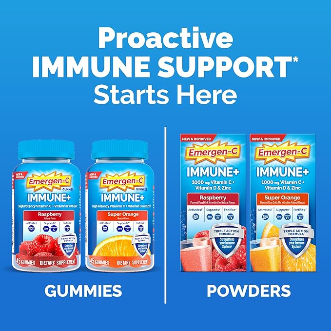 Emergen-C Immune+ Triple Action Immune Support Powder, BetaVia (R), 1000mg Vitamin C, B Vitamins, Vitamin D and Antioxidants, Super Orange – 30 Count