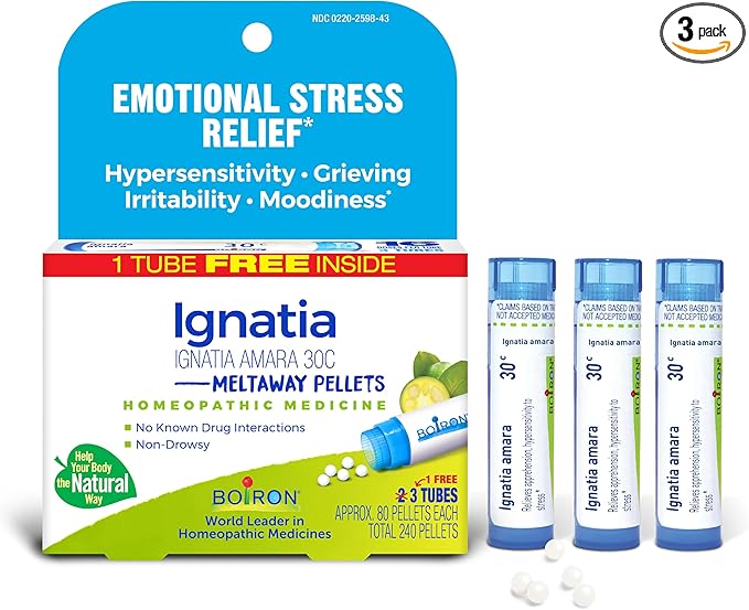 Boiron Ignatia Amara 30C Homeopathic Medicine for Relief from Emotional Stress, Hypersensitivity, Irritability, and Moodiness - 3 Count (240 Pellets)
