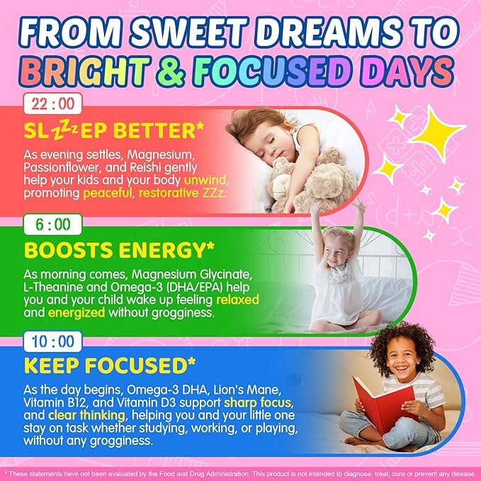 Focus Gummies for Kids & Adults, w/Magnesium Glycinate, Omega-3 DHA, Lion's Mane, L-Theanine, Methyl B12 & Vitamin D3, Brain Supplement Support Calm, Sleep, Attention, Concentration and Memory, 120Cts