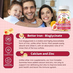 Iron Supplement Gummies for Kids - with Calcium, Zinc, Kids Multivitamin with Iron Gummies - Immune Support, Blood Builder & Energy Support for Iron Deficiency, Anemia, Peach & Mango Flavor, 60 Count