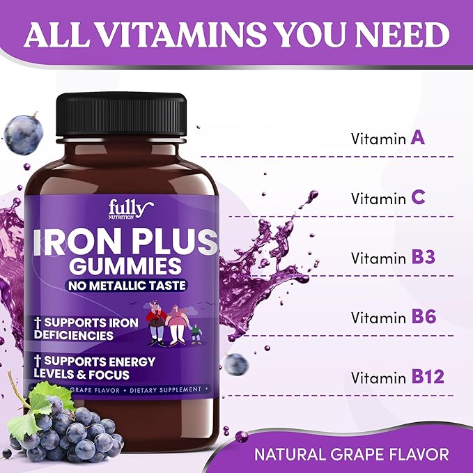 Iron Gummies Supplements for Adults (Women, Men) and Kids – Grape Flavor- Supports Anemia, Energy and Focus Levels – 200 Count