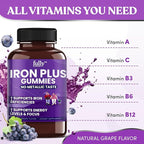 Iron Gummies Supplements for Adults (Women, Men) and Kids – Grape Flavor- Supports Anemia, Energy and Focus Levels – 200 Count