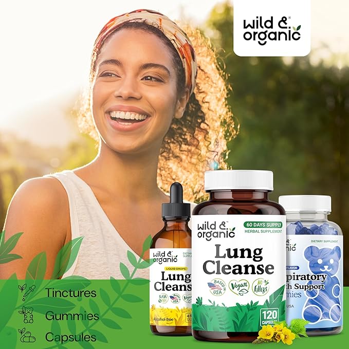 Wild & Organic Lung Cleanse Capsules - Lung Support Supplement with Mullein Leaf, Stinging Nettle, Angelica & Korean Panax Ginseng Powder - Vegan, No Fillers, Non-GMO - 120 Count