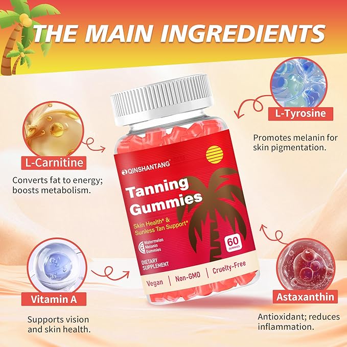 Tanning Gummies for Women, 2 Pack, Daily Skin Support Supplement, Sugar Free | Astaxanthin, L-tyrosine, Lycopene, Vitamin A | Radiant Skin & Antioxidant Support | Vegan, Non-GMO, 60 Servings