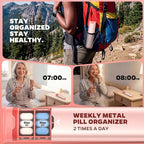 Metal Pill Organizer 2 Times a Day-Travel Pill Box Case with Moisture-Proof Airtight Lids, Weekly Large Capacity AM PM Medicine Container for Vitamins, Fish Oil, Supplements and Medications (Pink)