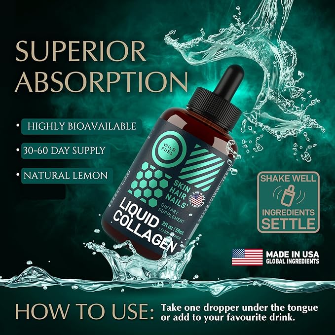 WILD FUEL Liquid Collagen Peptides with Biotin Vitamins for Hair Skin and Nails - 30,000mcg Biotin and Collagen Liquid for Women and Men - Lemon Flavor, up to 2-Month - 2 oz