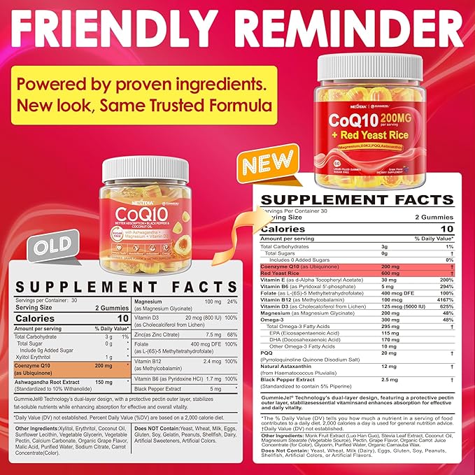 Red Yeast Rice Gummies 600mg & CoQ10 200mg for Adult, 12-in-1 High Absorption Coenzyme Q10 Supplement Plus Omega 3, PQQ, Astaxanthin, Methyl B12, Support Brain, Energy, Immunity, Antioxidant, 120Cts