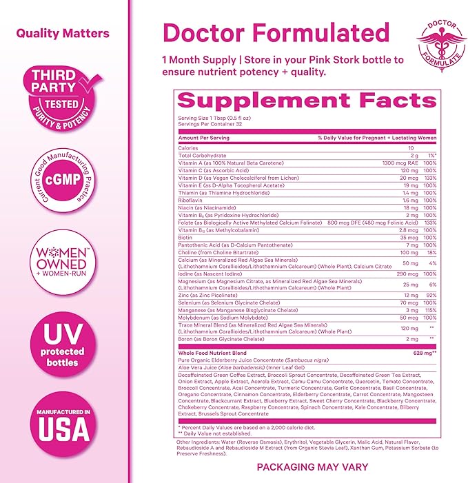 Pink Stork Liquid Prenatal Vitamins for Women - Berry Flavor Organic Food Blend - Fertility, Pregnancy, Postpartum Essentials - Morning Sickness Support - Breastfeeding & Lactation - 32 Servings