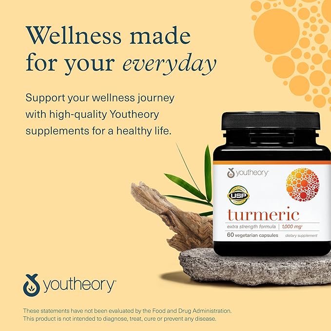 Youtheory Turmeric Extra Strength - 1,000 mg - Supports Brain, Muscle & Joint Health* - Contains Bioenhancers, Curcuminoids & Herbal Extracts - USP Verified - 60 Vegetarian Capsules (30-Day Supply)