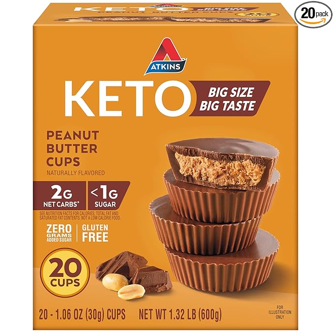 Atkins Keto Peanut Butter Cups, Naturally Flavored, Zero Grams Added Sugar, Gluten Free, 20 Count
