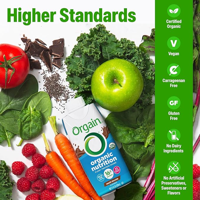 Orgain Organic Nutritional Vegan Protein Shake, Smooth Chocolate - 16g Plant Based Protein, Meal Replacement, 22 Vitamins & Minerals, Fruits & Vegetables, Gluten Free, Non-GMO, 11 Fl Oz (Pack of 4)