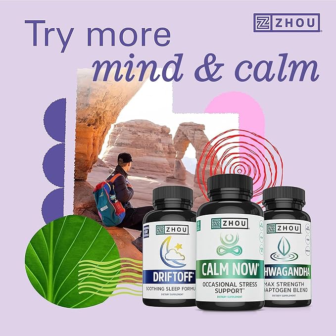 Zhou Calm Now - Calm Supplement, Calm Vitamins for Women & Men, Pills to Relax for Adults with GABA & Ashwagandha, Stress & Focus Support - 60 Veggie Capsules