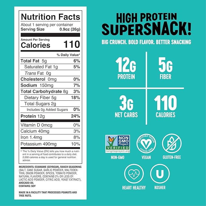 The Only Bean High Protein Snacks, Healthy Snacks for Adults and Kids, Vegan and Low Carb Snacks, Individual Gluten Free Keto Snacks - Edamame Beans Snack (Ranch) - 0.9oz (Pack of 10)