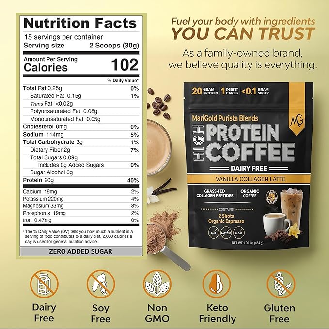 MariGold High Protein Collagen Coffee - Vanilla Collagen Latte, Dairy Free, 20g Grass-Fed Type I & III Collagen Peptides, Energy Boost, 2 Shots Organic Espresso, Non-GMO, 1 Lb Bag, 15 Servings