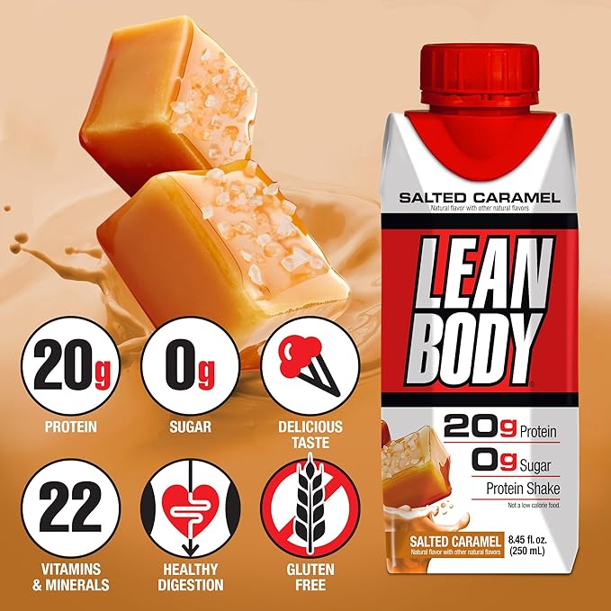 LABRADA NUTRITION - Lean Body RTD Whey Protein Shake, Convenient On-The-Go Meal Replacement Shake for Men & Women, 20 grams of Protein – Zero Sugar, Lactose & Gluten Free, Salted Caramel (Pack of 16)