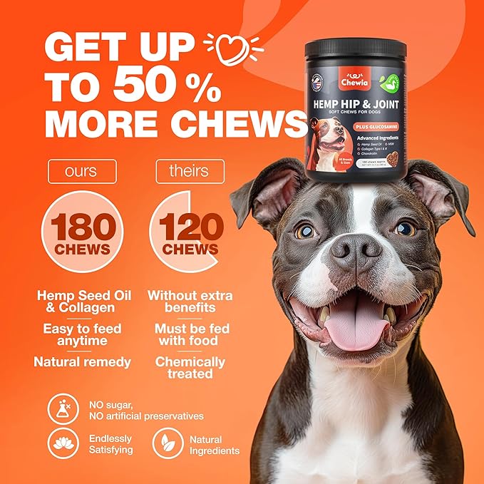 Glucosamine for Dogs - Joint Supplement for Dogs - Glucosamine Chondroitin - 180 Hip and Joint Care Mobility Chews - MSM, Turmeric - Advanced Mobility Support - Bone Health - Large and Small Breeds
