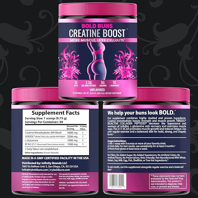 Creatine for Women – Booty Builder Supplement with Collagen & BCAA – Supports Muscle Development, Post-Workout Recovery, Skin Elasticity, Healthy Hair & Nail | Unflavored – 30 Servings
