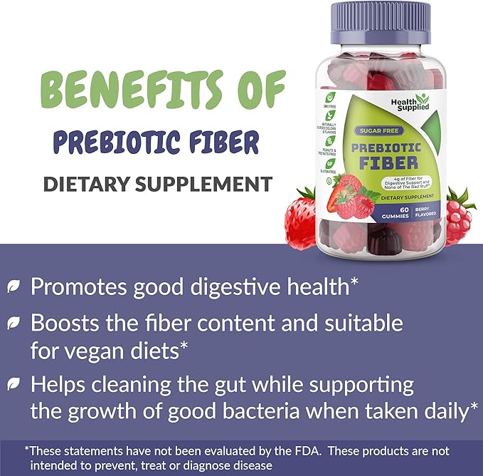 Health Supplied Mixed Berry Flavored Prebiotic Fiber Gummies - Supports Digestive System Gut Cleansing, Constipation Relief - Assists with Weight Loss Plan - Great Tasting and Easy to Swallow