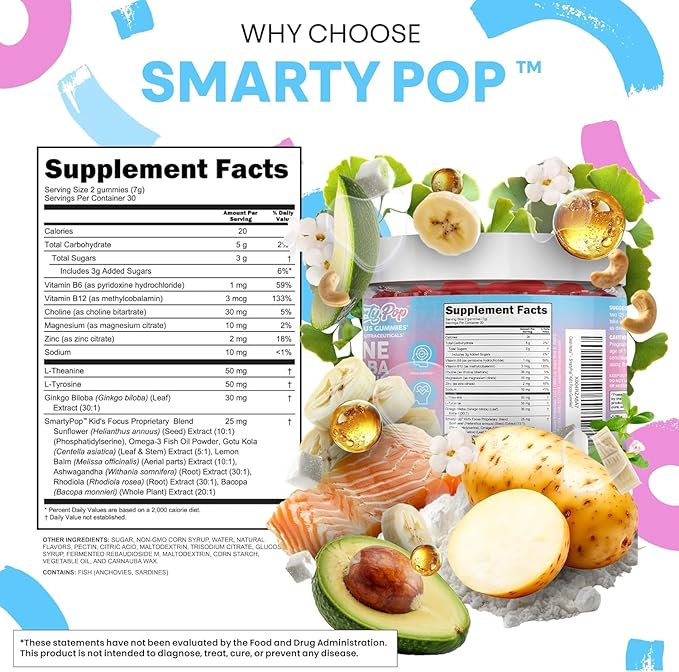 Clean Nutra Kids Focus Gummies with L-Theanine, Ginkgo Biloba, Omega-3 Fish Oil, L-Tyrosine, Vitamin B6, B12 – 60 Count, Clean Label, Non-GMO, Vegan-Friendly SmartyPop Formula for Kids Support