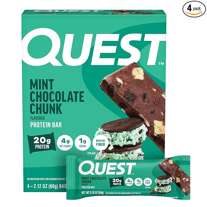 Quest Nutrition Mint Chocolate Chunk Protein Bars, 20g Protein, 1g Sugar, 4g Net Carb, High Fiber, Gluten Free, Keto Friendly, 4 Count