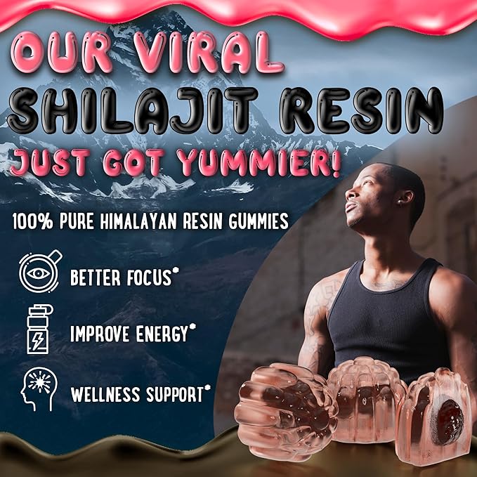 OH MY CHEWY Pure Himalayan Shilajit Gummies - High Potency Gold Grade Resin - Energy Boost and Immune Support for Men and Women with Ashwagandha and Shatavari - 60 Gummy - Strawberry & Banana