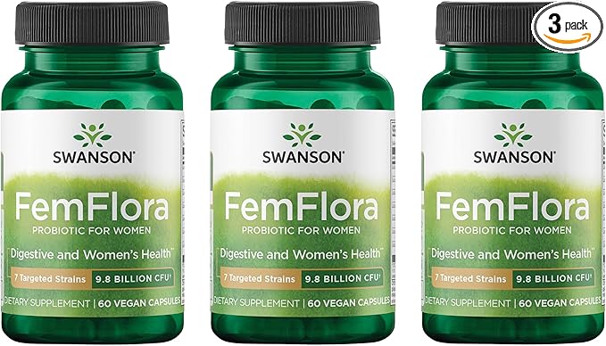 Swanson FemFlora Women's Probiotic for Feminine Digestive, Urinary, and Vaginal Health Support with 9 Billion CFU Per Capsule (60 Capsules, 3 Pack)