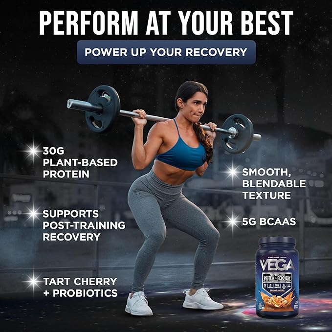 Vega Sport Vegan Protein Powder + Recovery - 30g Plant Based Protein per Serving, Peanut Butter, 19 Servings, 5g BCAAs, Probiotics, NSF Certified, for Shakes & Smoothies, 1.8lbs (Packaging May Vary)