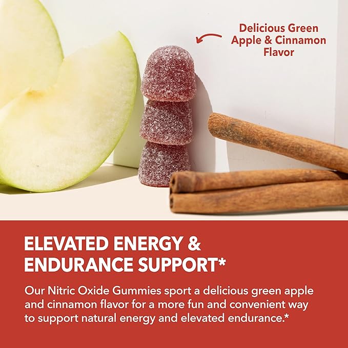 Nitric Oxide Gummies for Men and Women with L-Arginine and Beet Root - NO Gummies for Endurance and Recovery - 90 Count - Green Apple and Cinnamon Flavor - Vegan, Non-GMO, 1 Month Supply