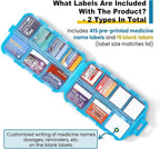 14 Grids Travel Pill Organizer Box with 415-Pcs Medicine Name Labels - Pocket Daily Pharmacy Case Container Kit - Travel Medication Holder Dispenser for Fish Oil Vitamin Supplement Storage - Blue