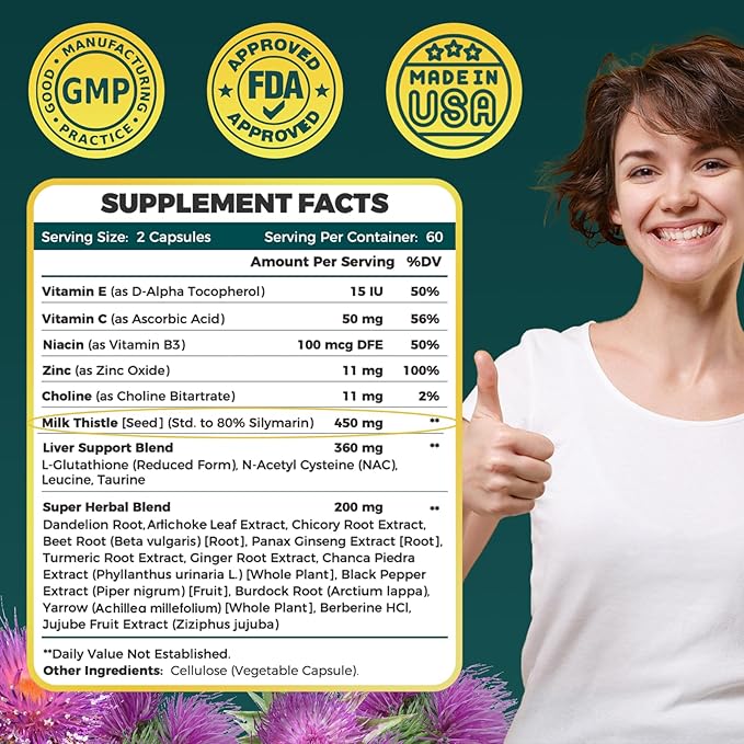 Milk Thistle Supplement for Liver Cleanse Detox & Repair, Liver Supplement with 450 mg Milk Thistle Extract (80% Silymarin) for Liver Support and Health, GMO-Free, 120 Veggie Capsules (60 Day-Supply)