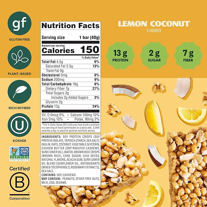 Simply Protein - Lemon Coconut Crispy Bars - Plant Based Protein Bars - Low Carb, Low Sugar, High Fiber - 13g Protein, 2g Sugar, 7g Fiber - Vegan, Gluten Free, Non GMO, Kosher - 32 Bars