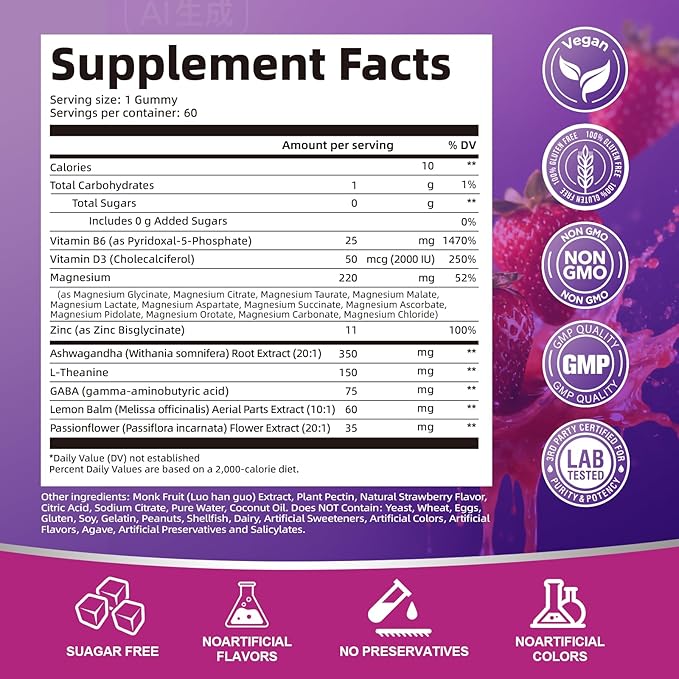 Migcopat Magnesium Complex Gummies, 20 in 1 Magnesium Gummy with Glycinate Citrate Malate Taurate - Ashwagandha, L-Theanine, D3&Zinc for Relaxation, Sleep, Muscle&Heart Support, Strawberry, 120 Cts