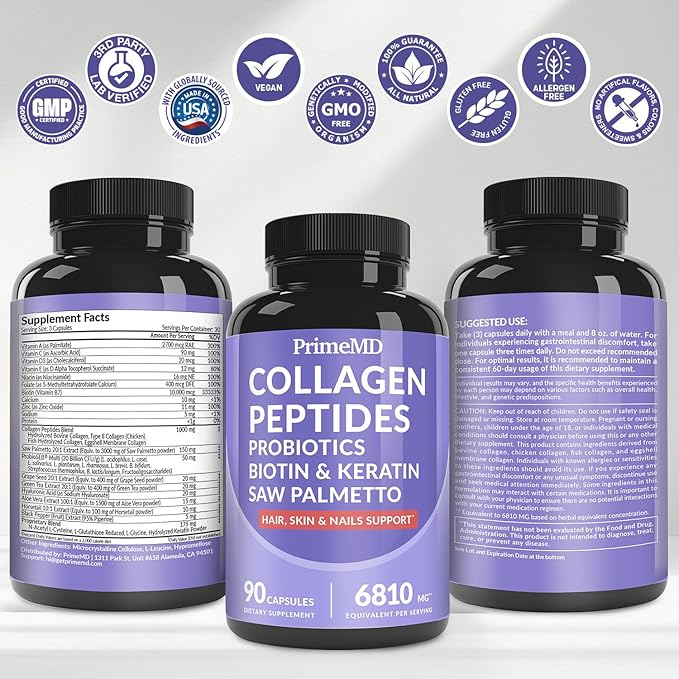 27-in-1 Hair Skin and Nails Vitamins (6810mg) with Biotin 10000mcg - Collagen Supplements for Men and Women - Keratin Supplements with Probiotics and Saw Palmetto, 90ct (2-Pack)