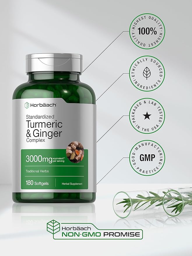 Horbäach Turmeric and Ginger Supplement | 180 Softgel Pills | with Black Pepper Extract | Non-GMO, Gluten Free Supplement