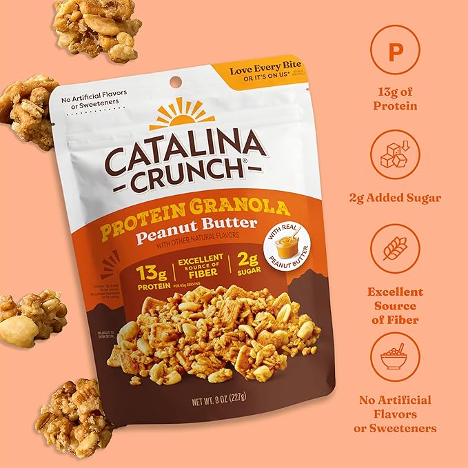 Catalina Crunch Protein Granola - Low Sugar Breakfast Cereal with 13g of Protein - Gluten Free, Keto Friendly - Peanut Butter - 8 oz. Bag (Pack of 3)